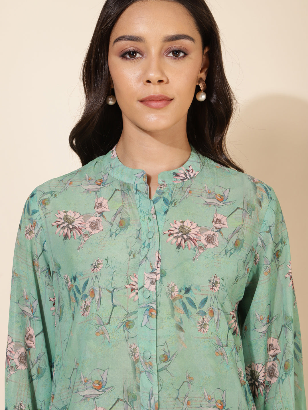 Janasya Women's Light Green Georgette Floral Printed Casual Tunic