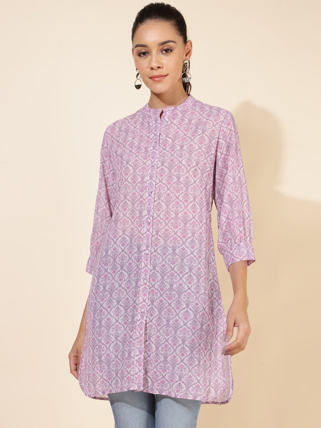 Janasya Women's Light Pink Georgette Floral Printed Casual Tunic