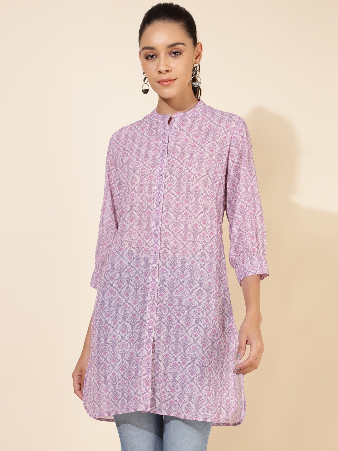 Janasya Women's Light Pink Georgette Floral Printed Casual Tunic