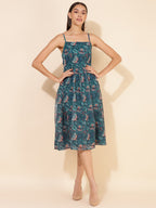 Janasya Women's Blue Chiffon Lurex Digital Floral Printed Casual Dress - Distacart