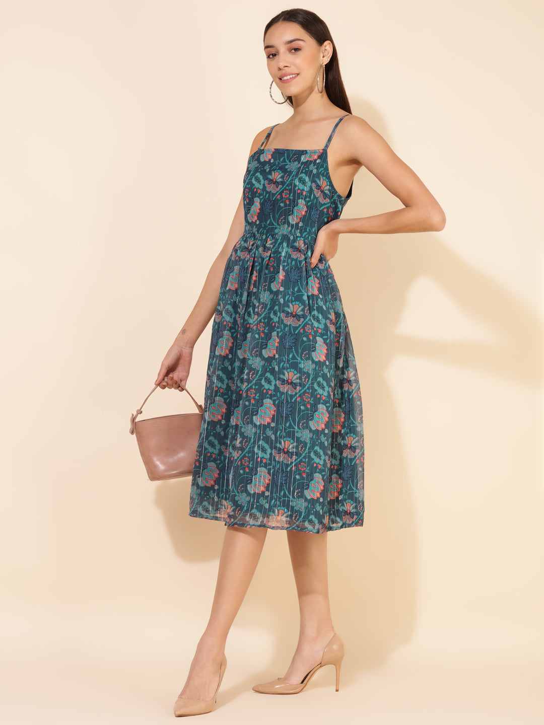 Janasya Women's Blue Chiffon Lurex Digital Floral Printed Casual Dress - Distacart
