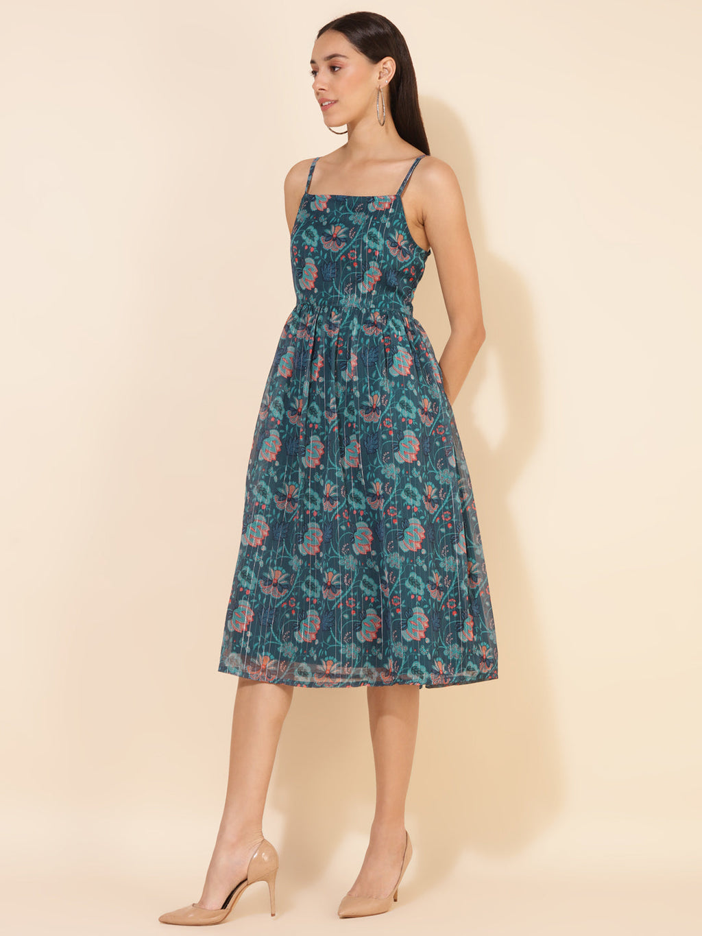 Janasya Women's Blue Chiffon Lurex Digital Floral Printed Casual Dress - Distacart