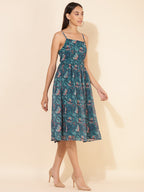 Janasya Women's Blue Chiffon Lurex Digital Floral Printed Casual Dress - Distacart