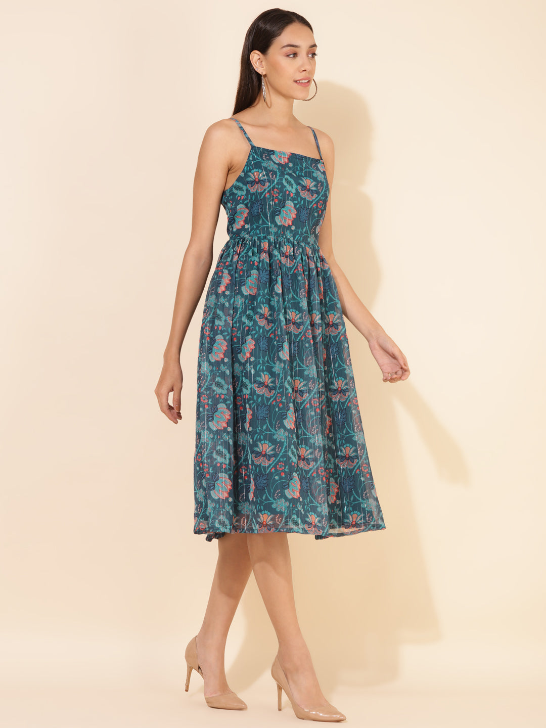 Janasya Women's Blue Chiffon Lurex Digital Floral Printed Casual Dress - Distacart