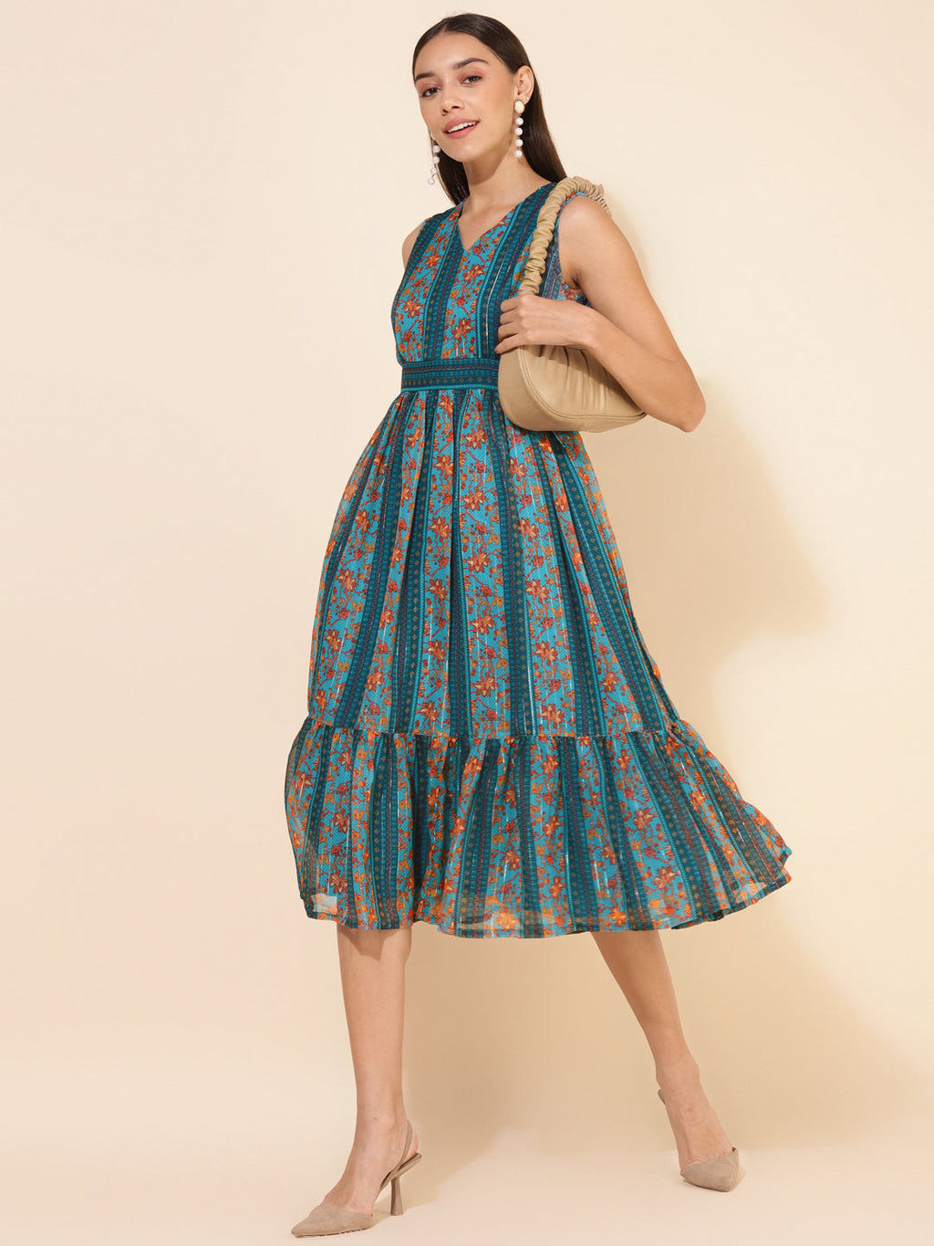 Janasya Women's Blue Chiffon Lurex Floral Printed Casual Dress - Distacart