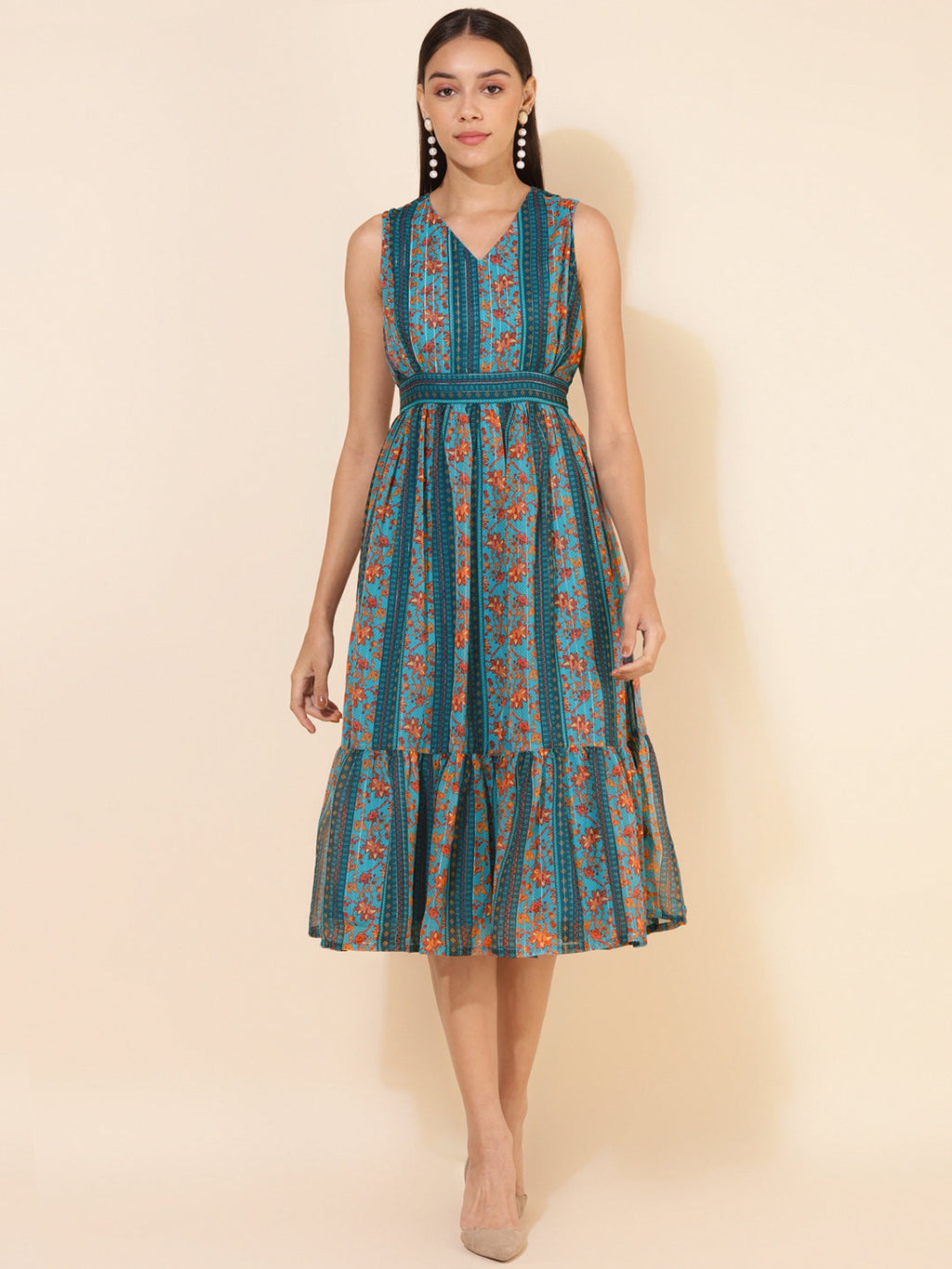 Janasya Women's Blue Chiffon Lurex Floral Printed Casual Dress - Distacart
