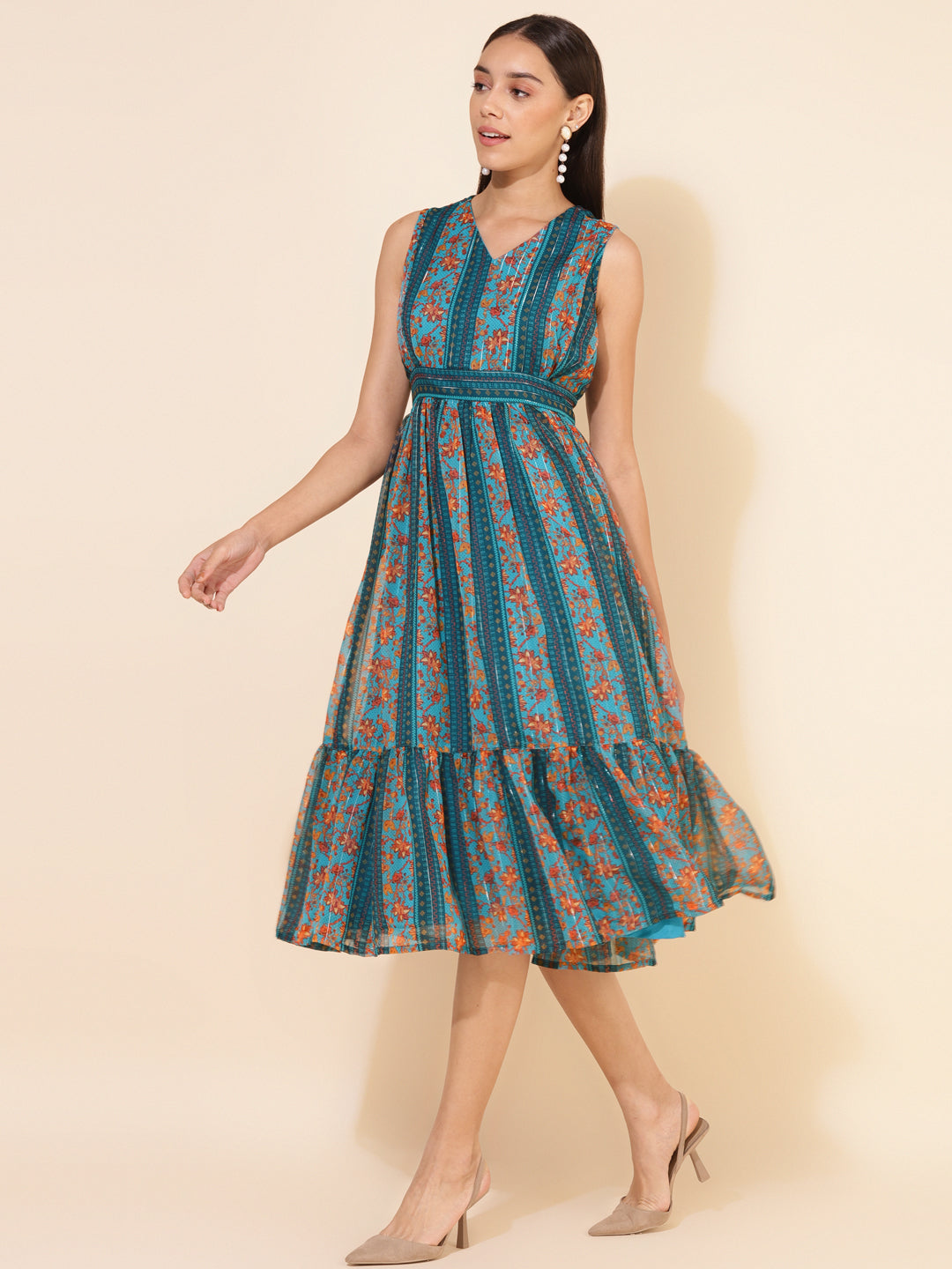 Janasya Women's Blue Chiffon Lurex Floral Printed Casual Dress - Distacart