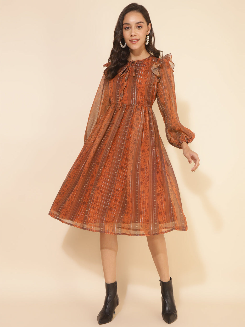 Janasya Women's Rust Chiffon Lurex Floral Printed Casual Dress - Distacart