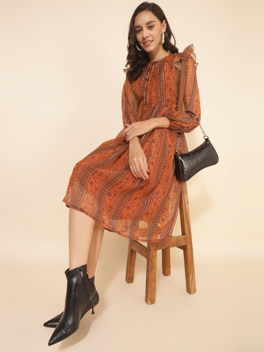 Janasya Women's Rust Chiffon Lurex Floral Printed Casual Dress - Distacart