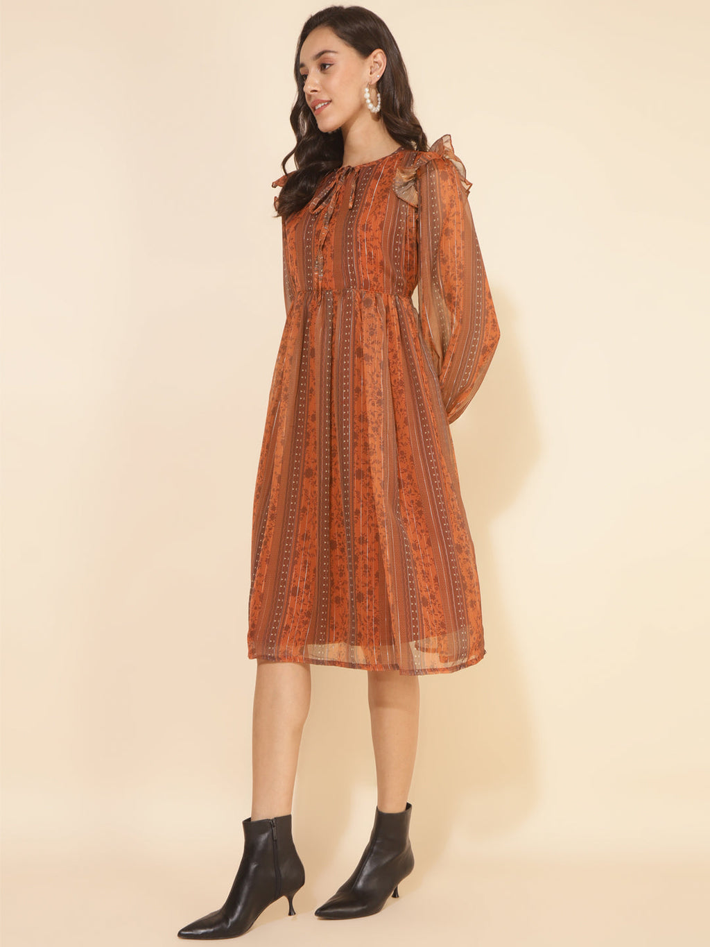 Janasya Women's Rust Chiffon Lurex Floral Printed Casual Dress - Distacart
