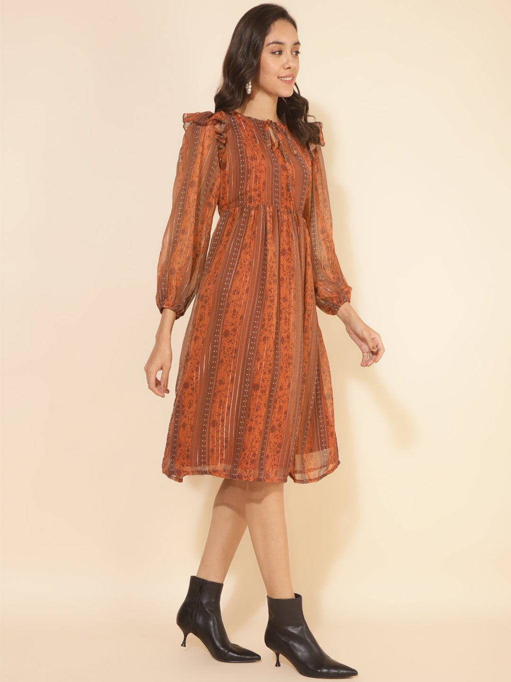 Janasya Women's Rust Chiffon Lurex Floral Printed Casual Dress - Distacart