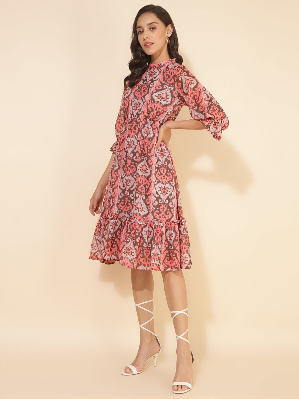 Janasya Women's Peach Dobby Georgette Ikkat Printed Casual Dress - Distacart