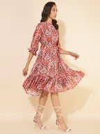 Janasya Women's Peach Dobby Georgette Ikkat Printed Casual Dress - Distacart
