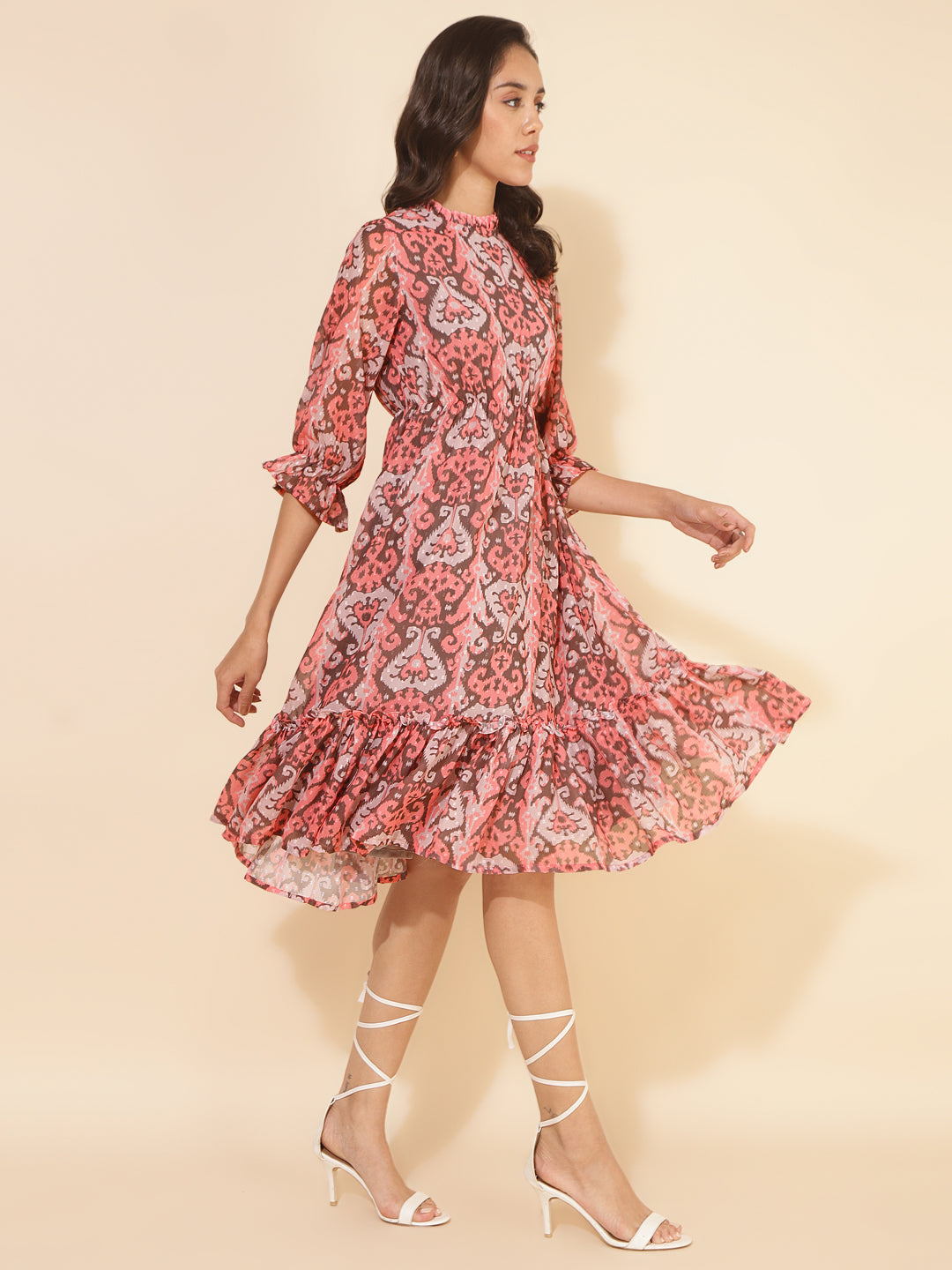 Janasya Women's Peach Dobby Georgette Ikkat Printed Casual Dress - Distacart