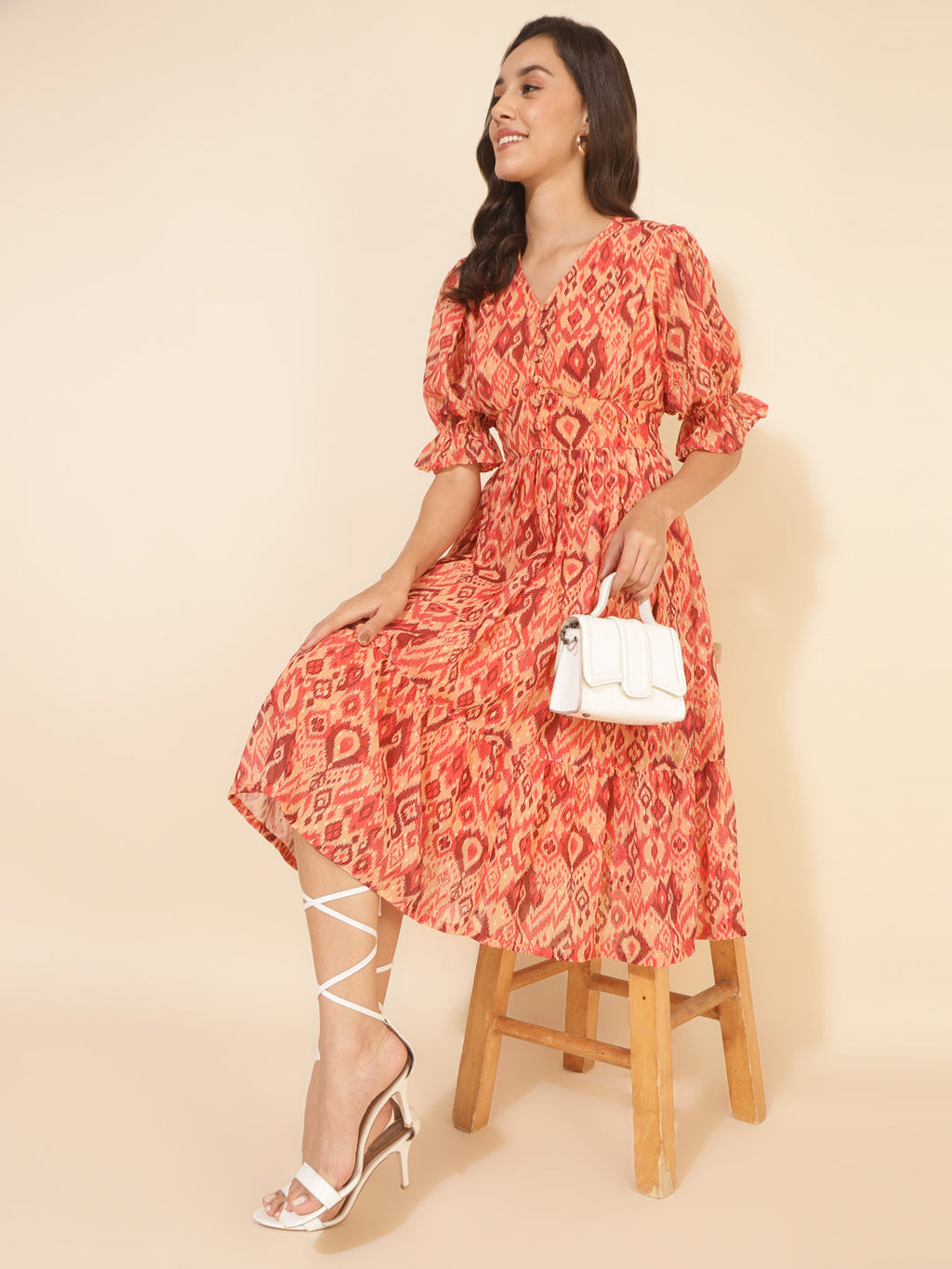 Janasya Women's Mustard Dobby Georgette Ikat Printed Casual Dress - Distacart