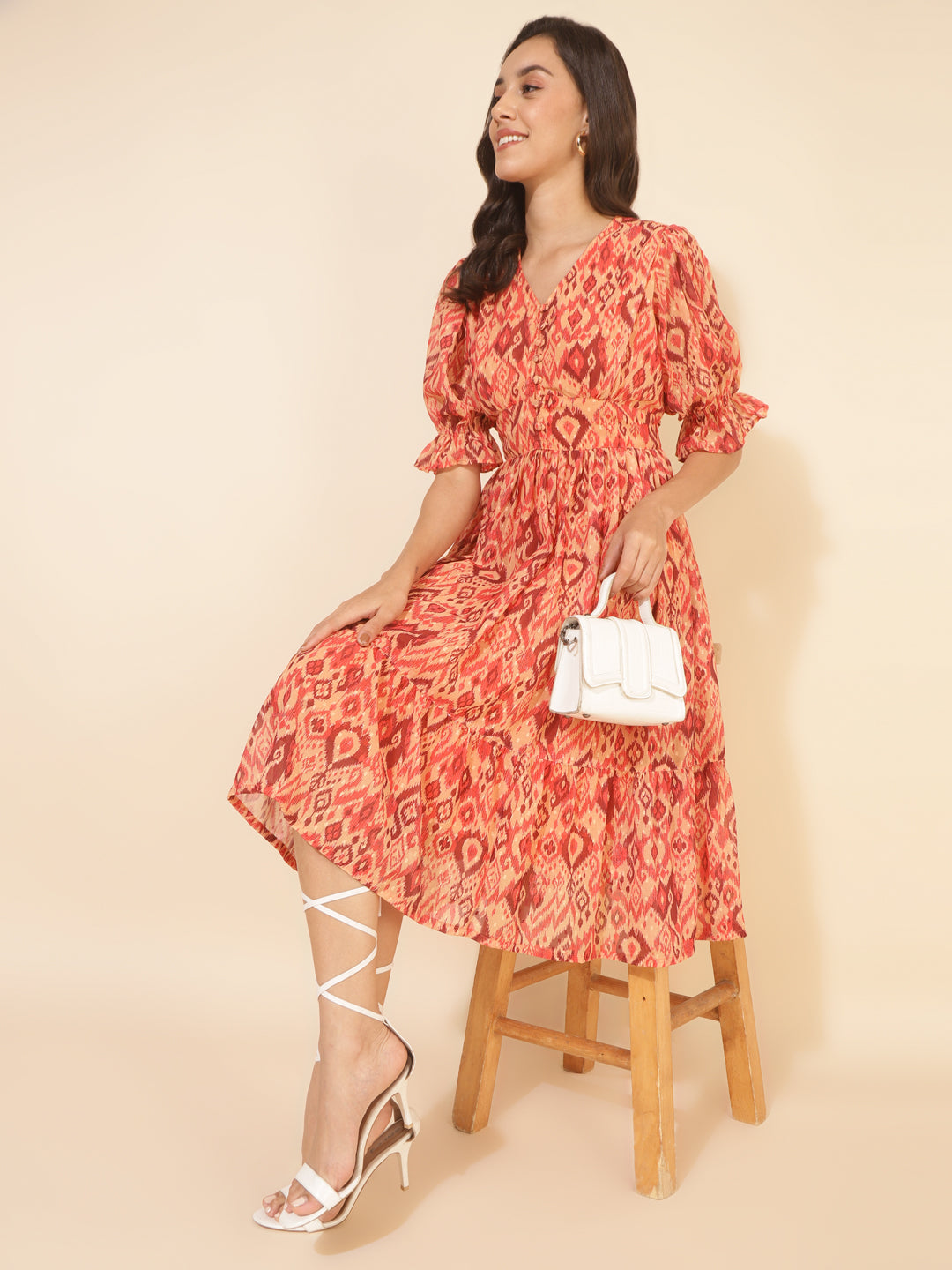 Janasya Women's Mustard Dobby Georgette Ikat Printed Casual Dress - Distacart