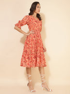 Janasya Women's Mustard Dobby Georgette Ikat Printed Casual Dress - Distacart