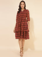 Janasya Women's Brown Dobby Georgette Ikkat Printed Casual Dress - Distacart
