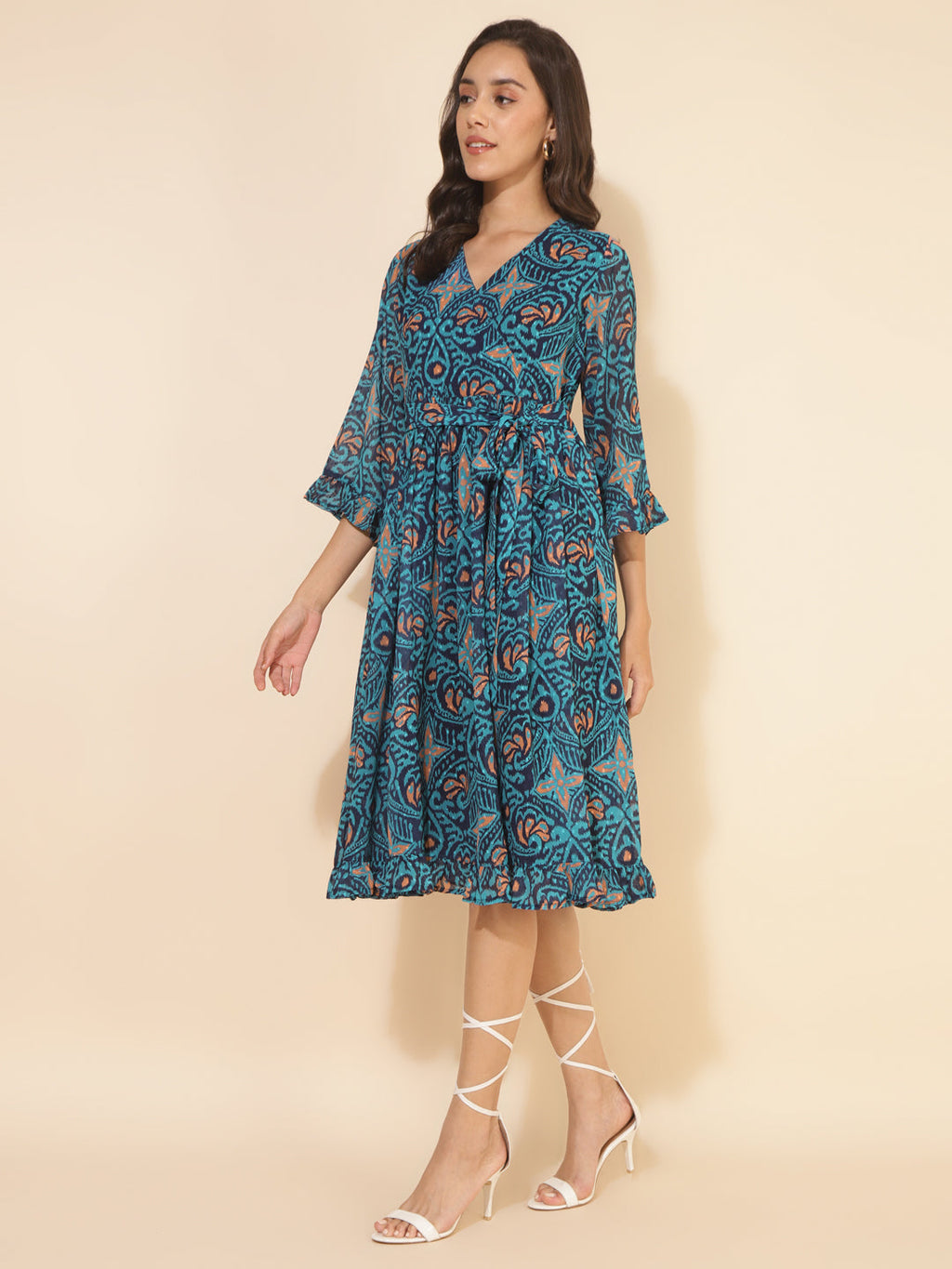 Janasya Women's Blue Dobby Georgette Ikkat Printed Casual Dress - Distacart