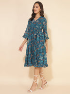 Janasya Women's Blue Dobby Georgette Ikkat Printed Casual Dress - Distacart
