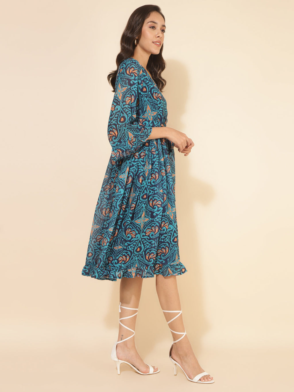Janasya Women's Blue Dobby Georgette Ikkat Printed Casual Dress - Distacart