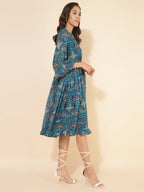 Janasya Women's Blue Dobby Georgette Ikkat Printed Casual Dress - Distacart