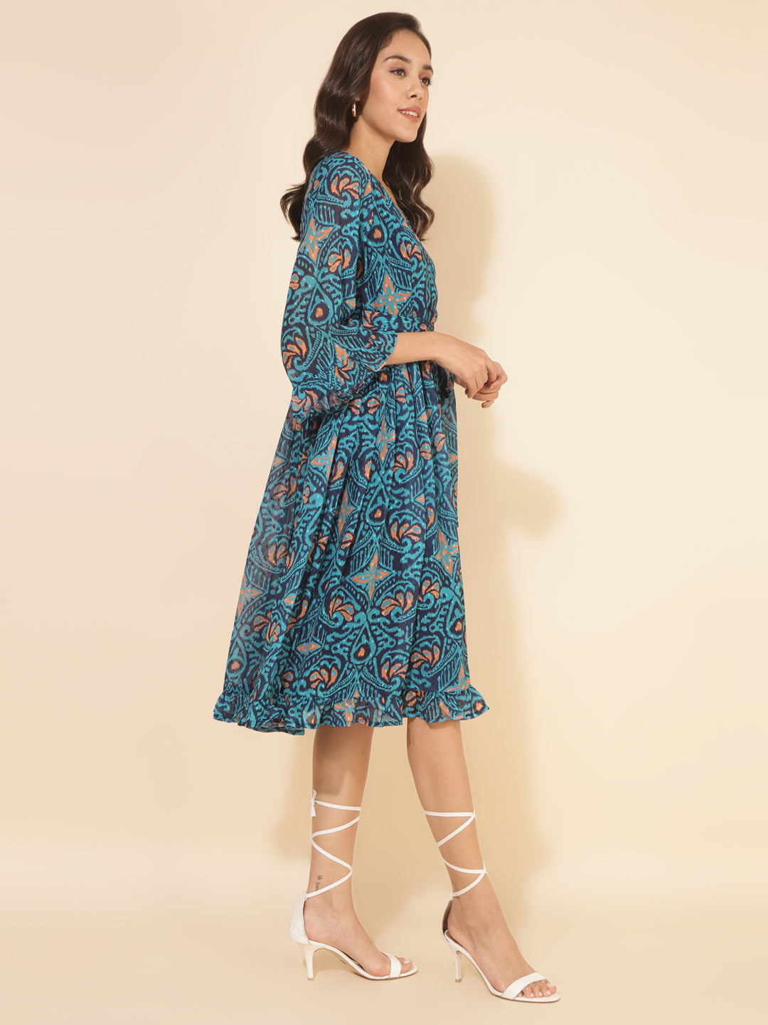 Janasya Women's Blue Dobby Georgette Ikkat Printed Casual Dress - Distacart