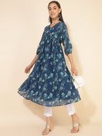 Janasya Blue Georgette Floral Printed Casual Kurta - Distacart