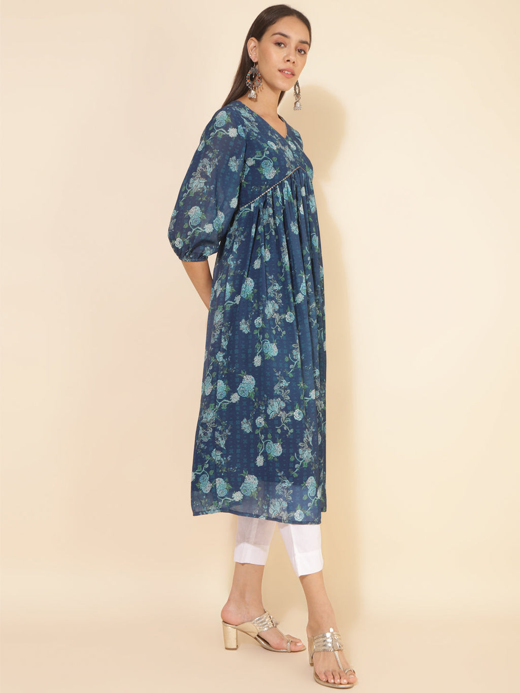 Janasya Blue Georgette Floral Printed Casual Kurta - Distacart
