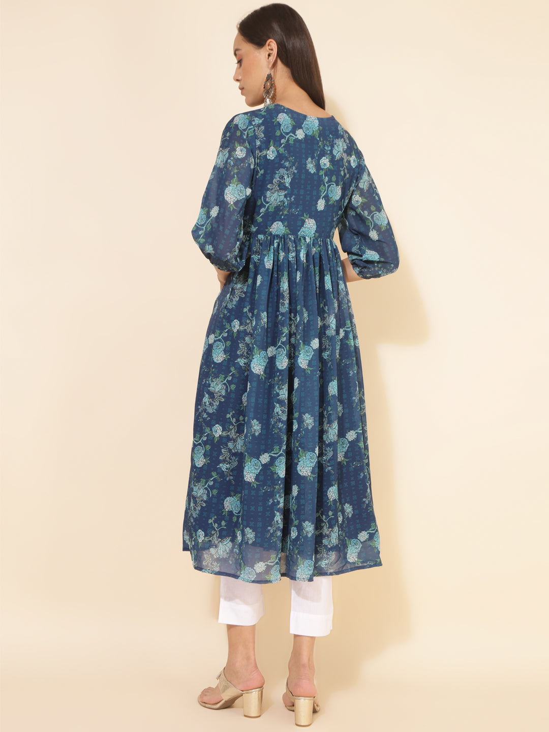 Janasya Blue Georgette Floral Printed Casual Kurta - Distacart