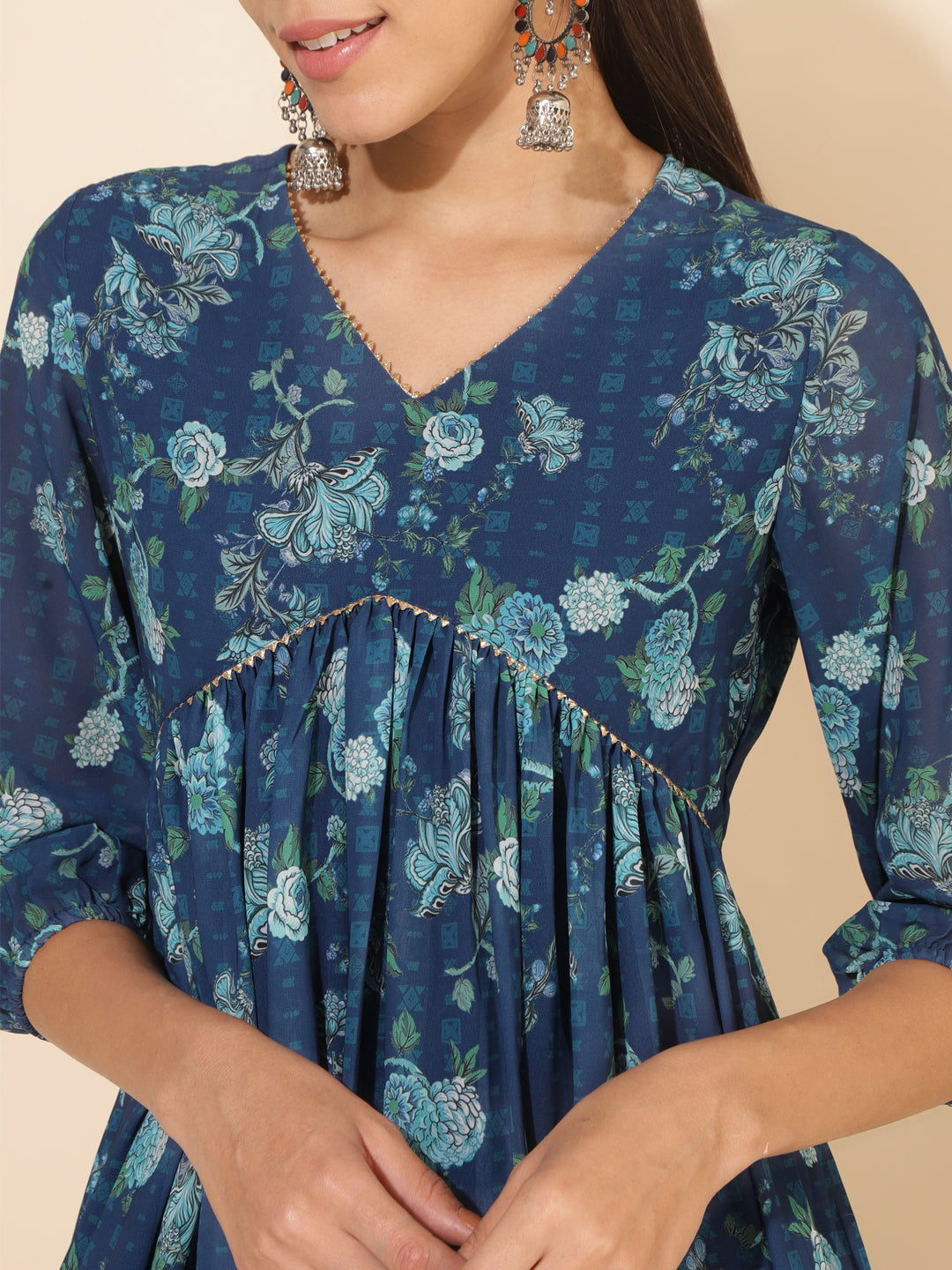Janasya Blue Georgette Floral Printed Casual Kurta - Distacart