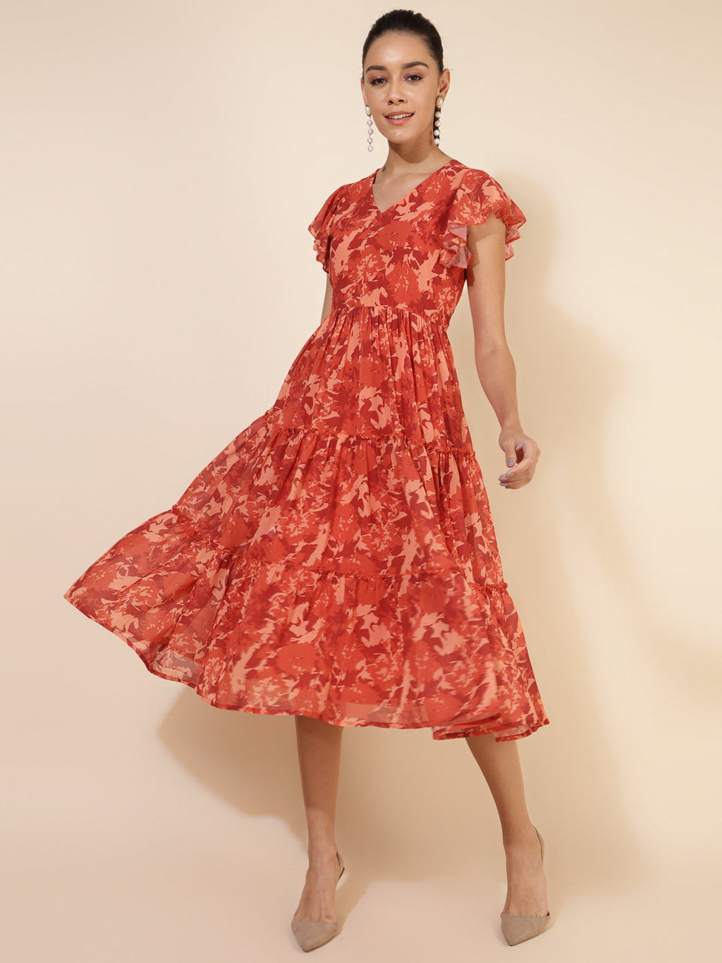 Janasya Rust Georgette Abstract Printed Tiered Casual Dress - Distacart