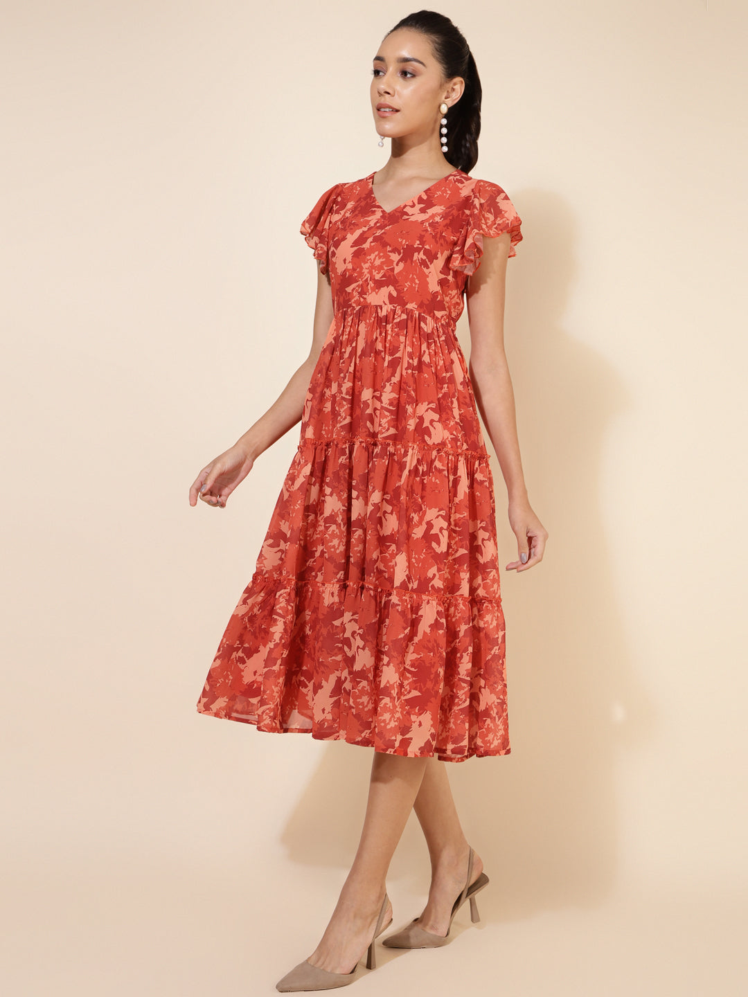 Janasya Rust Georgette Abstract Printed Tiered Casual Dress - Distacart