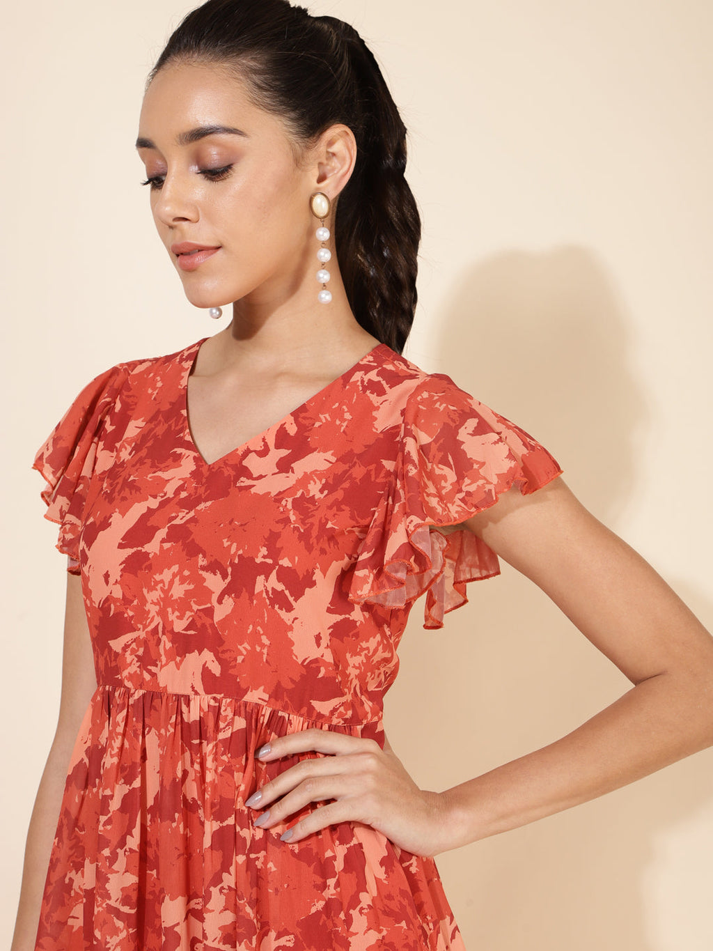 Janasya Rust Georgette Abstract Printed Tiered Casual Dress - Distacart