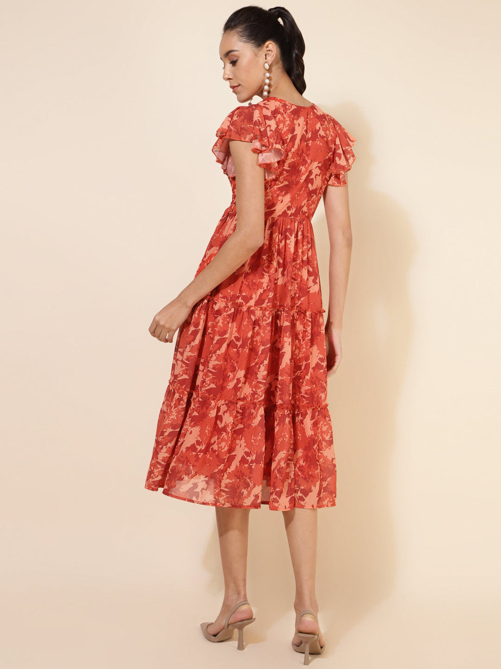 Janasya Rust Georgette Abstract Printed Tiered Casual Dress - Distacart