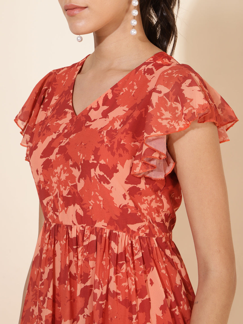 Janasya Rust Georgette Abstract Printed Tiered Casual Dress - Distacart