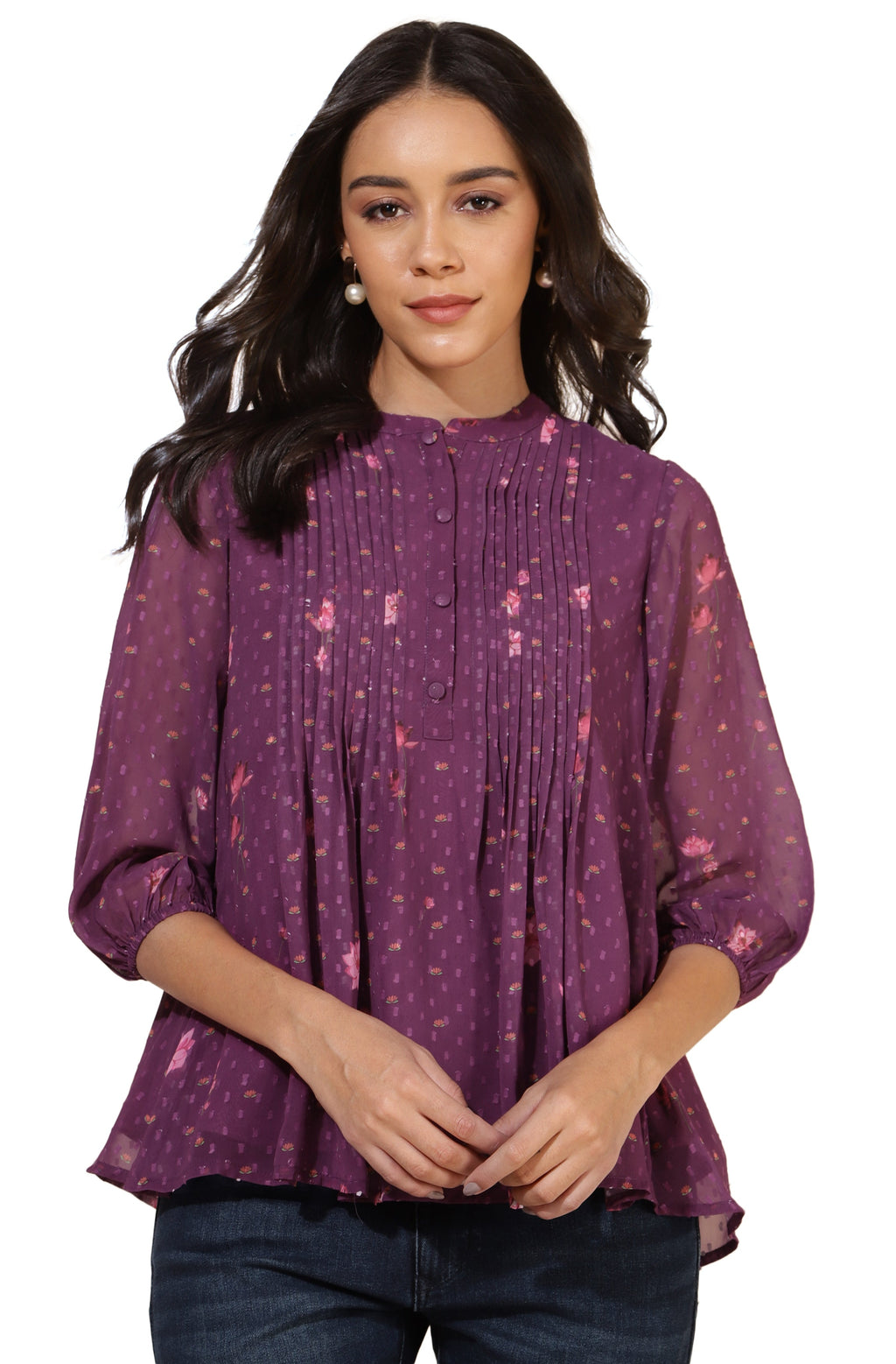 Janasya Purple Dobby Georgette Floral Print Casual A-Line Top