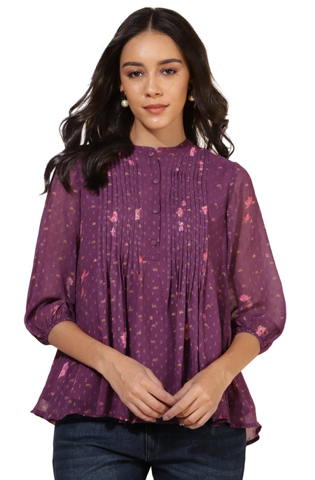 Janasya Purple Dobby Georgette Floral Print Casual A-Line Top