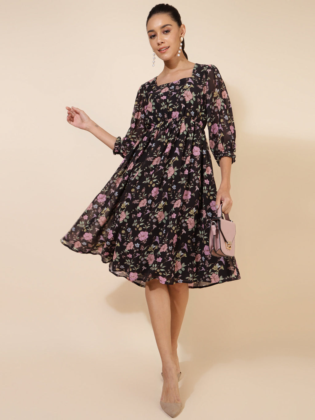 Janasya Women's Black Georgette Floral Printed Casual Dress - Distacart