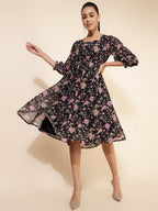 Janasya Women's Black Georgette Floral Printed Casual Dress - Distacart