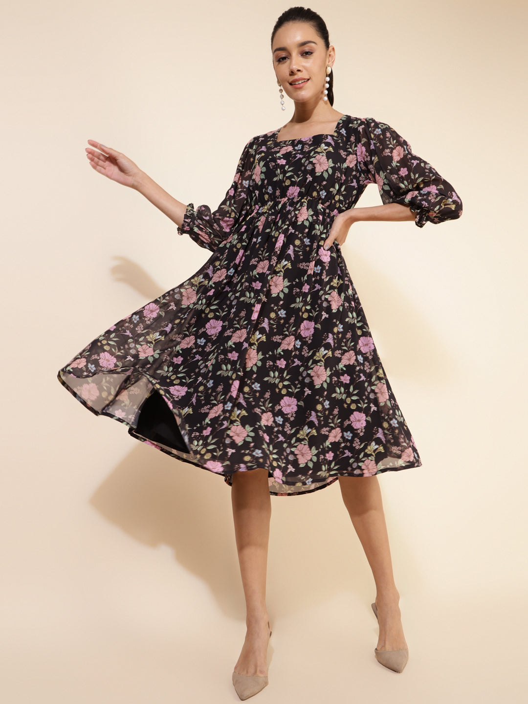 Janasya Women's Black Georgette Floral Printed Casual Dress - Distacart