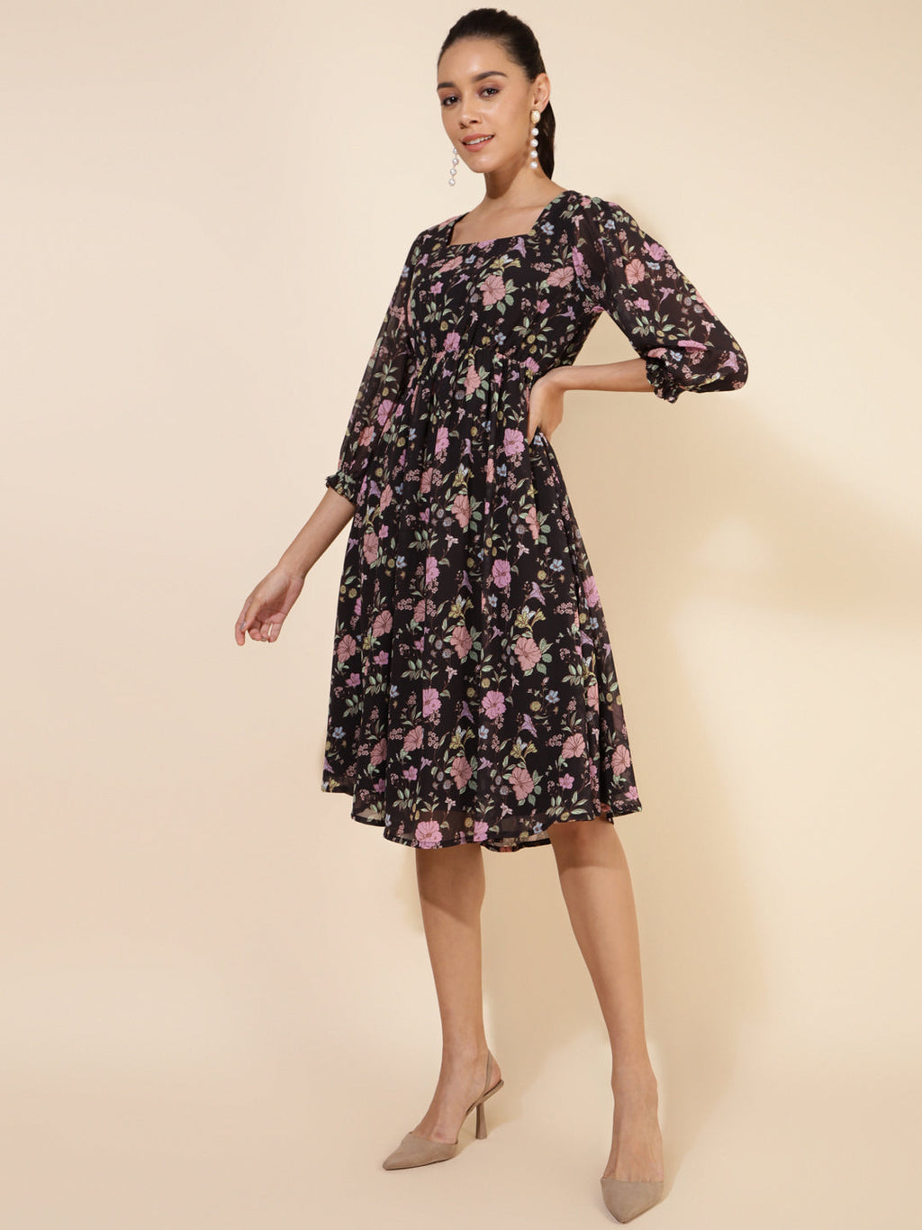 Janasya Women's Black Georgette Floral Printed Casual Dress - Distacart