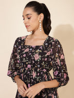 Janasya Women's Black Georgette Floral Printed Casual Dress - Distacart