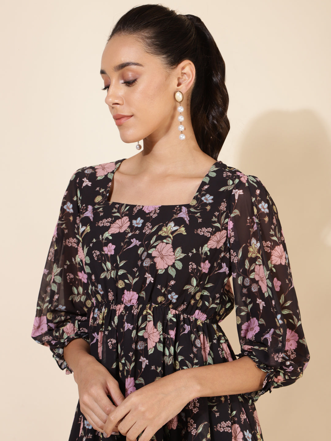 Janasya Women's Black Georgette Floral Printed Casual Dress - Distacart