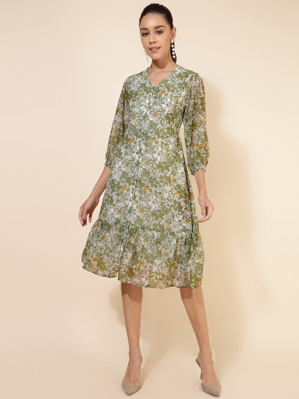 Janasya Olive Georgette Floral Printed A-Line Casual Dress - Distacart