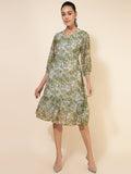 Janasya Olive Georgette Floral Printed A-Line Casual Dress - Distacart