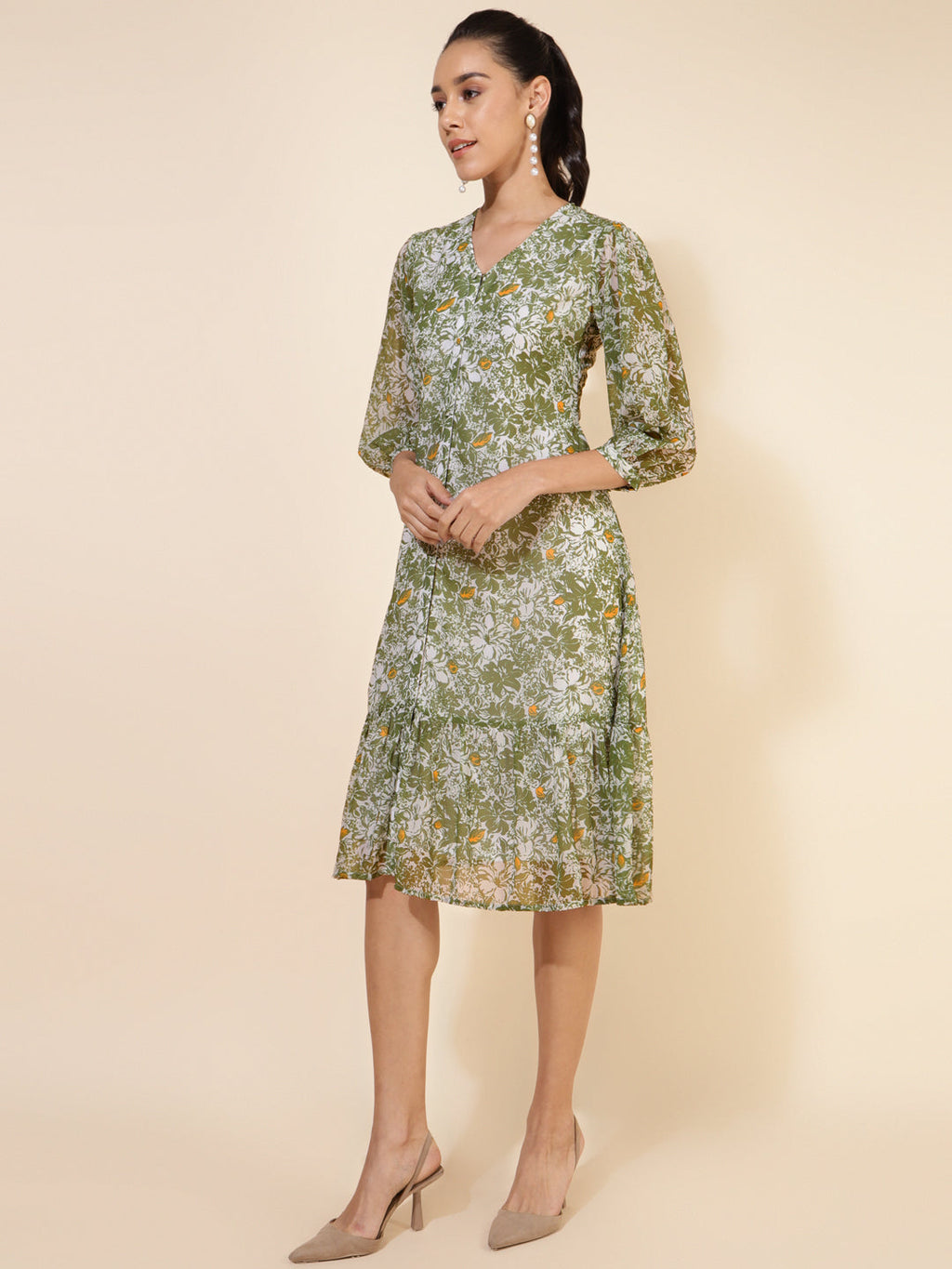 Janasya Olive Georgette Floral Printed A-Line Casual Dress - Distacart