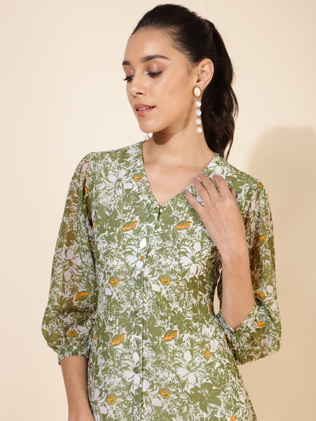 Janasya Olive Georgette Floral Printed A-Line Casual Dress - Distacart