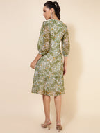 Janasya Olive Georgette Floral Printed A-Line Casual Dress - Distacart