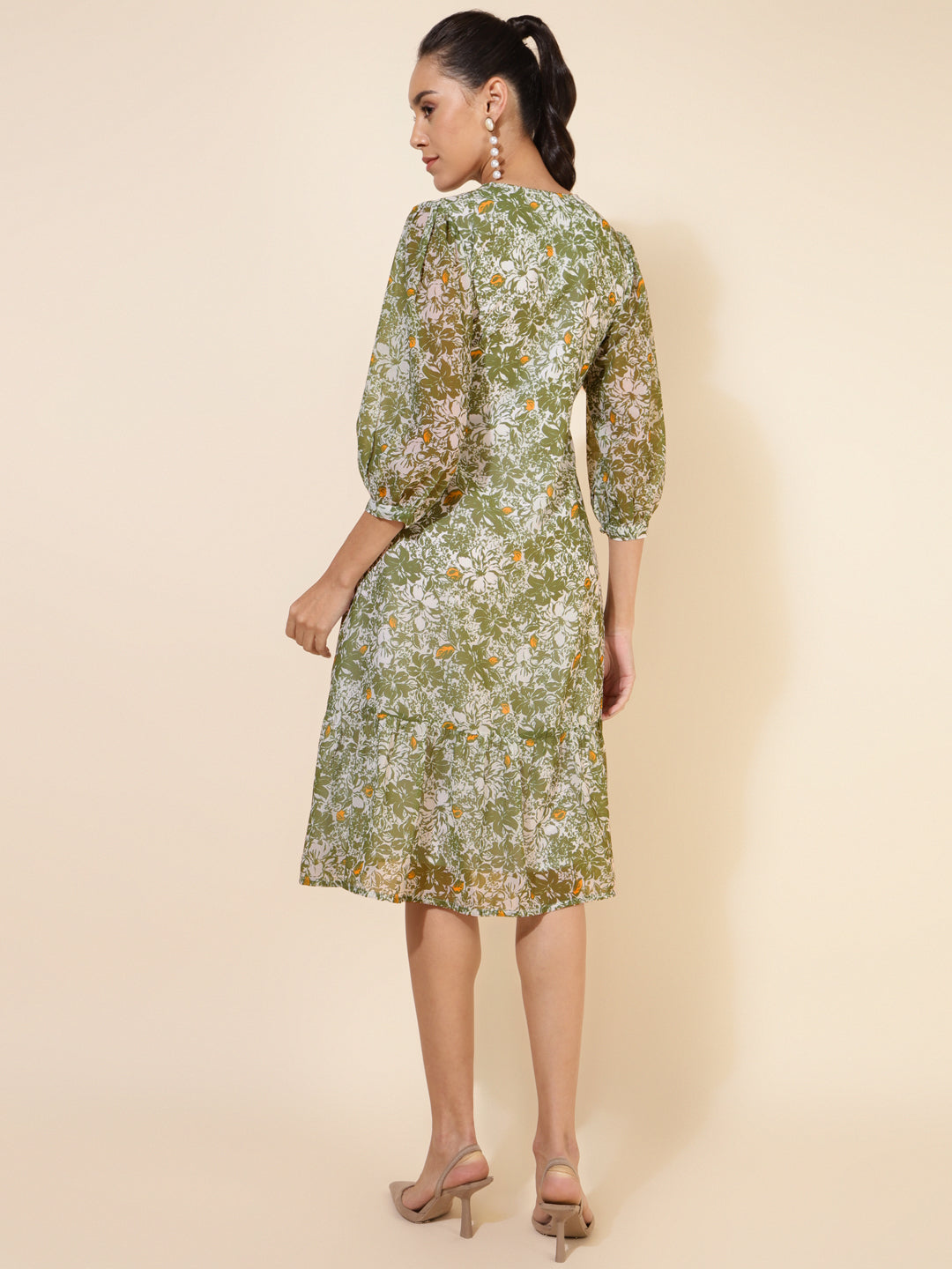Janasya Olive Georgette Floral Printed A-Line Casual Dress - Distacart
